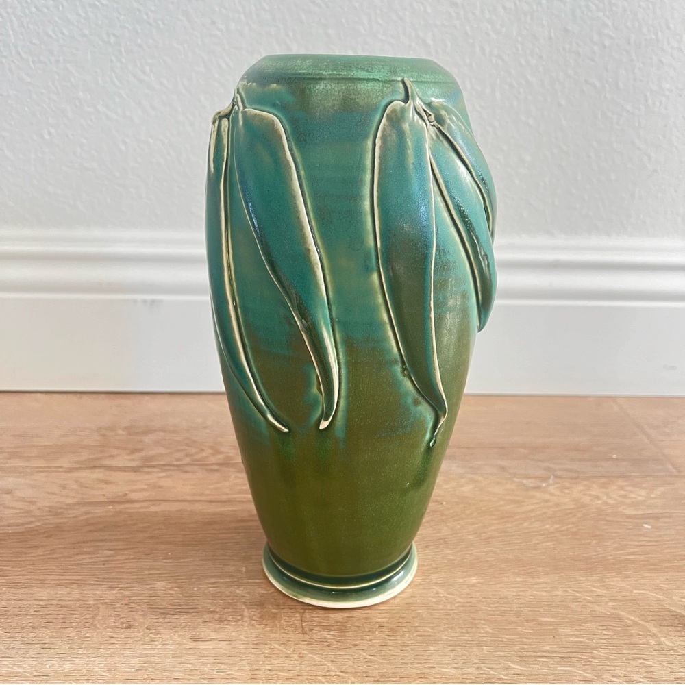 Antique Art Deco Pottery Green Ceramic Vase Bamboo Leaf Signed By Artist 10”